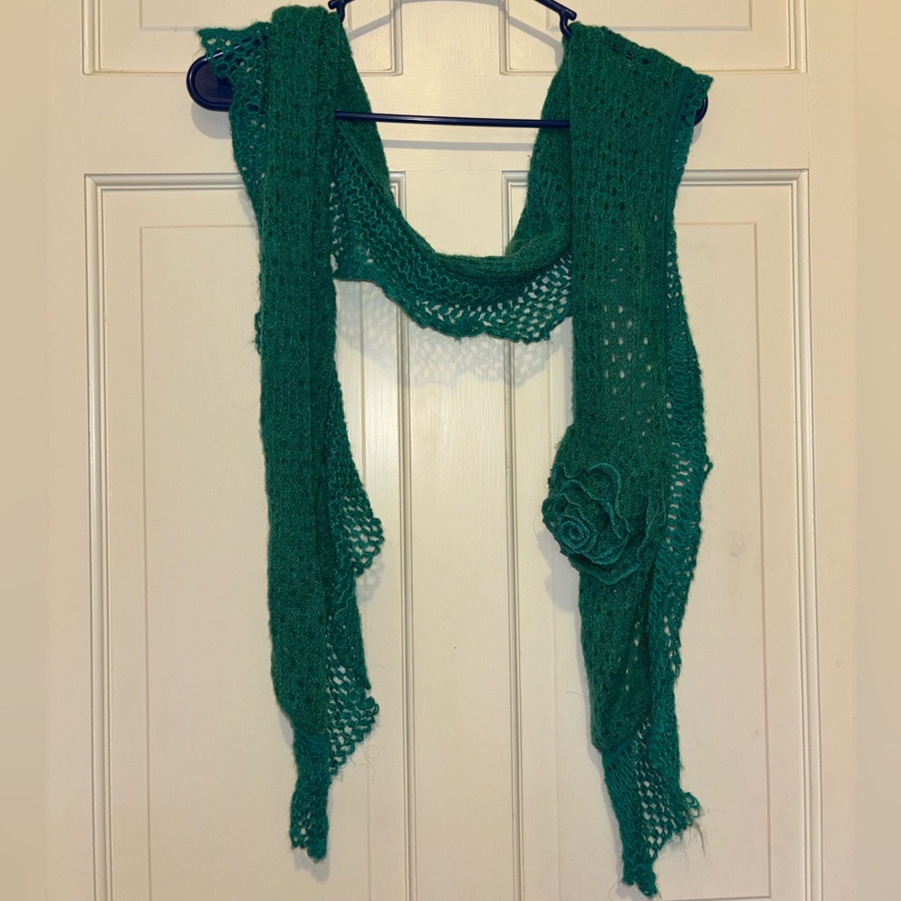 Long Teal Knit Scarf floral party travel ruffle handmade winter blue warm gifts